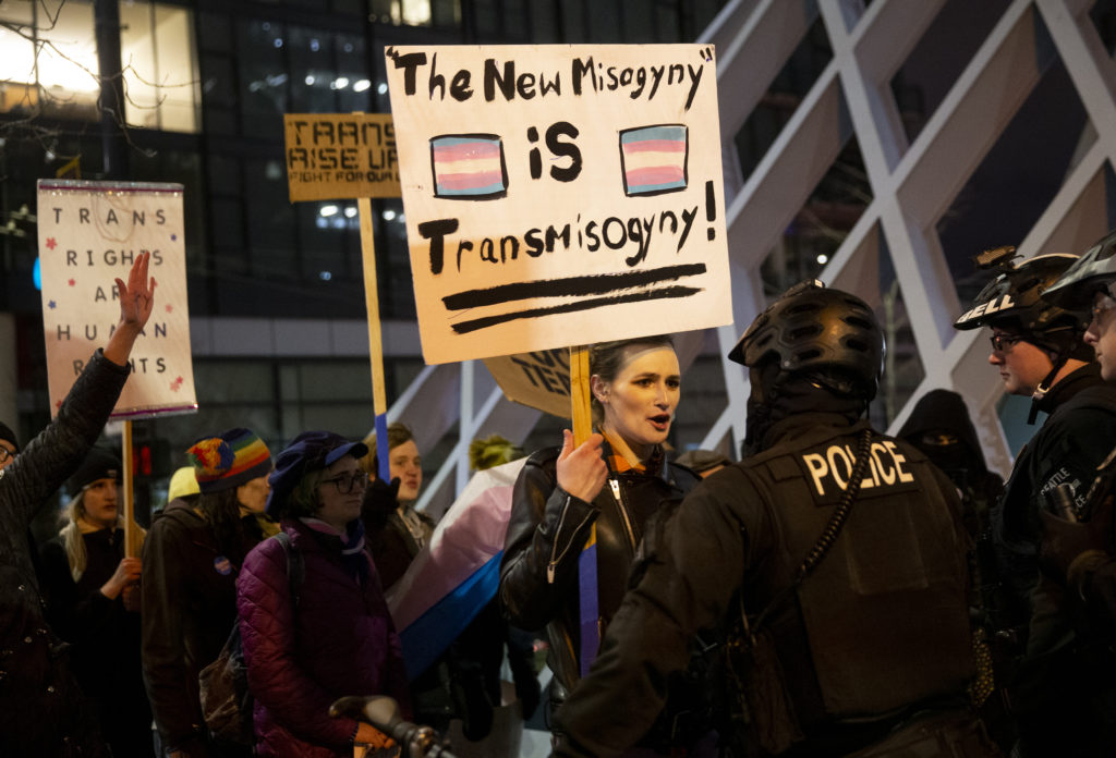 Trans-rights activists protest a event by Womens Liberation Front (WoLF) in Seattle